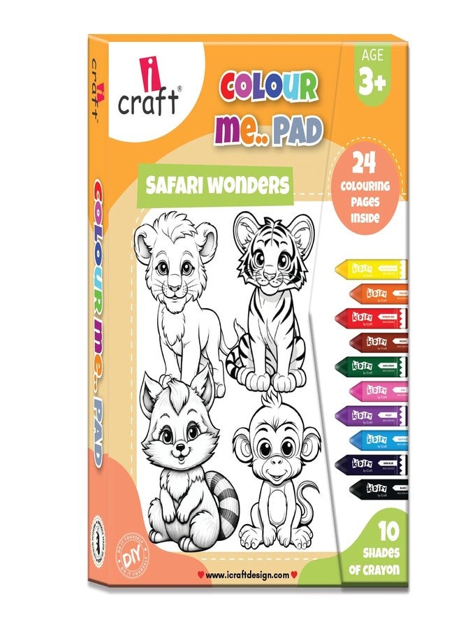 آي كرافت مجموعة تلوين iCraft للأطفال الصغار ومرحلة ما قبل المدرسة - 24 صفحة + 10 أقلام تلوين - هدية مجموعة فنية للأطفال (حيوانات السفاري) - Image 1